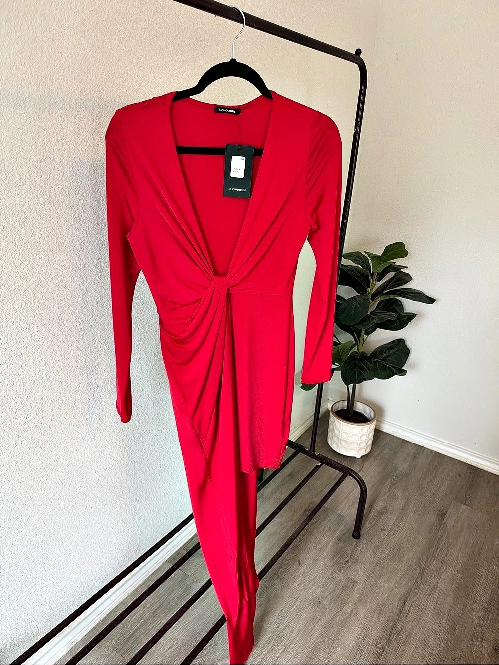 Fashion Nova Red Ruched Long Sleeve Maxi Dress NWT